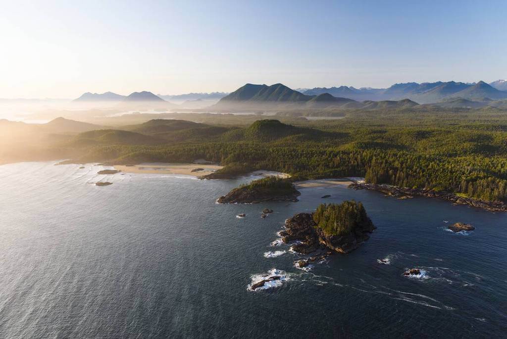 Aerial of the coastline of Pacific Rim National Park, near Tofino (photo: Destination BC/Yuri Choufour)