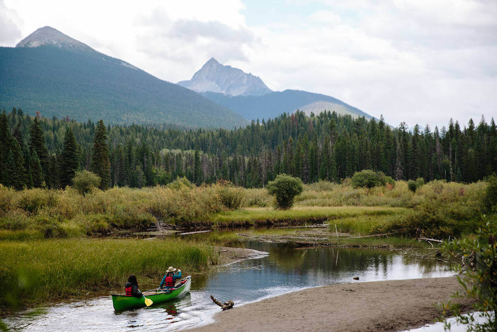 Canoers paddling through banks in Bowron Lake Provincial Park (Destination BC/Adam Wells)